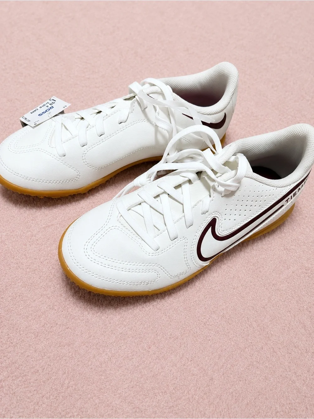 Nike Tiempo Soccer Turf Shoes for Kids. White with Maroon logo